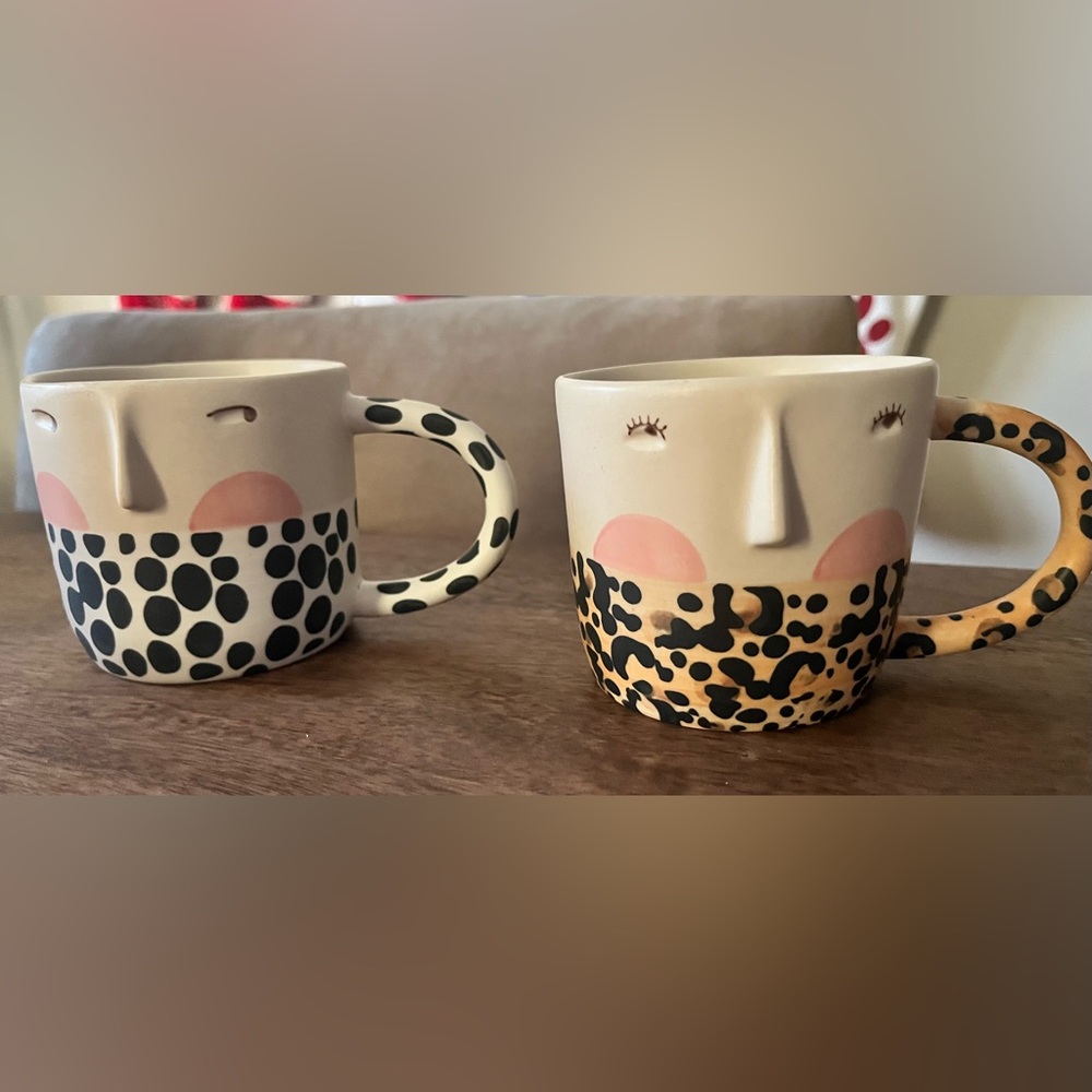 ANTHROPOLOGIE Fotini Tikkou Visage Mug Set of 2 Spotted Polka Dot Tea Cups NWOT